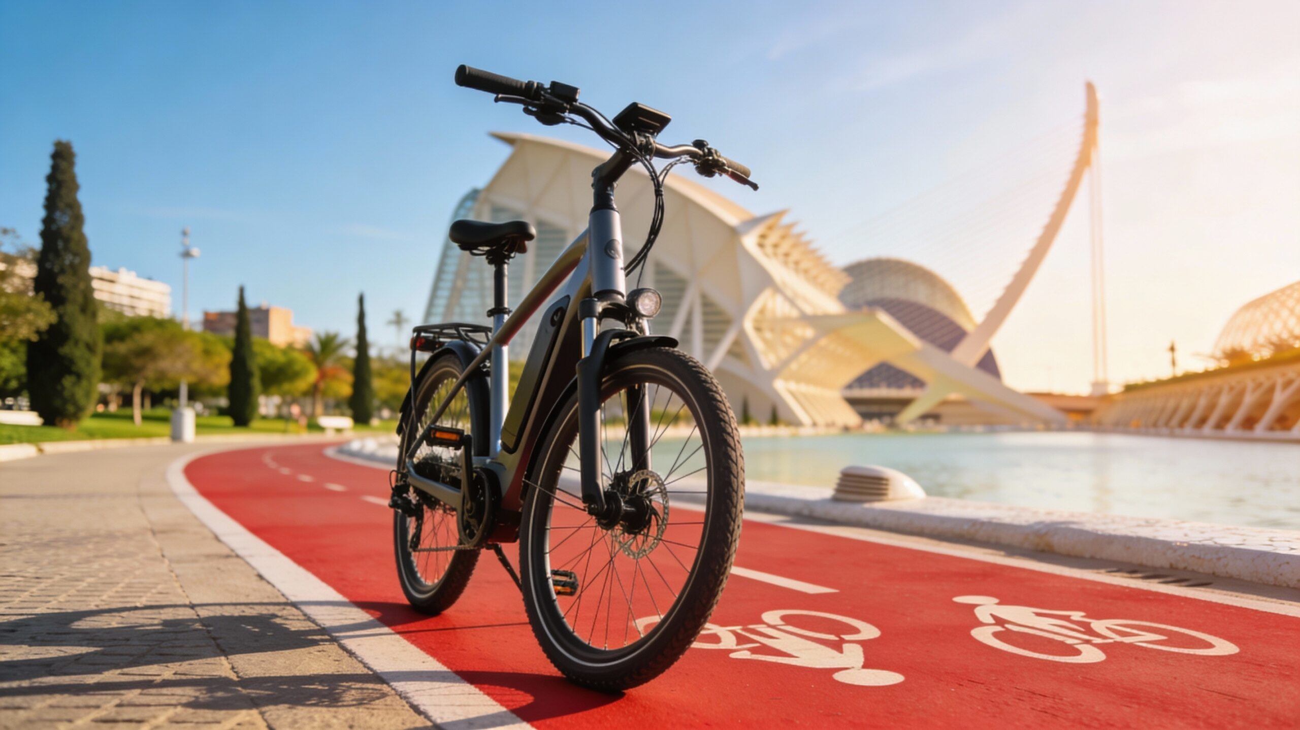 Bicicleta eléctrica urbana aparcada junto a un carril bici en Valencia, con el Jardín del Turia al fondo